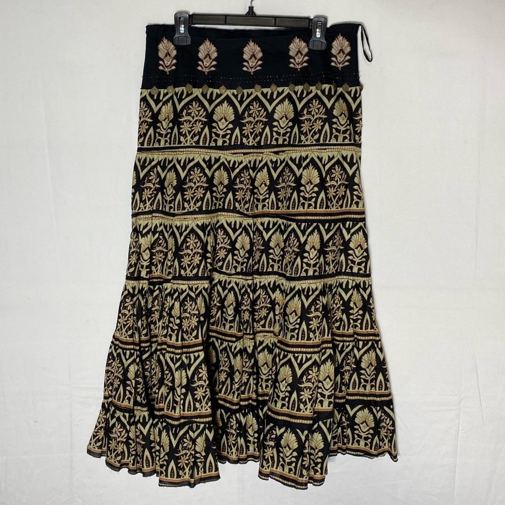 Vintage Majora Black Tan Tiered Floral Boho Midi Skirt M Boho Festival